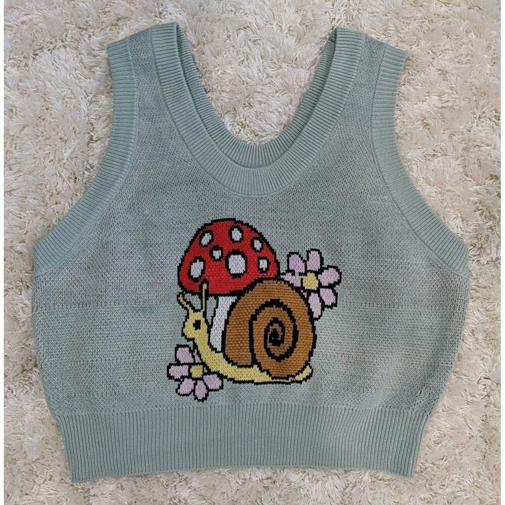 Hot Topic Sweet Society Green with Snail Mushroom Flowers V-neck Sweater Vest M